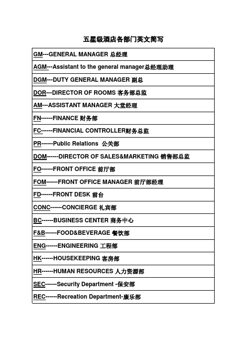 五星级酒店各部门英文简写