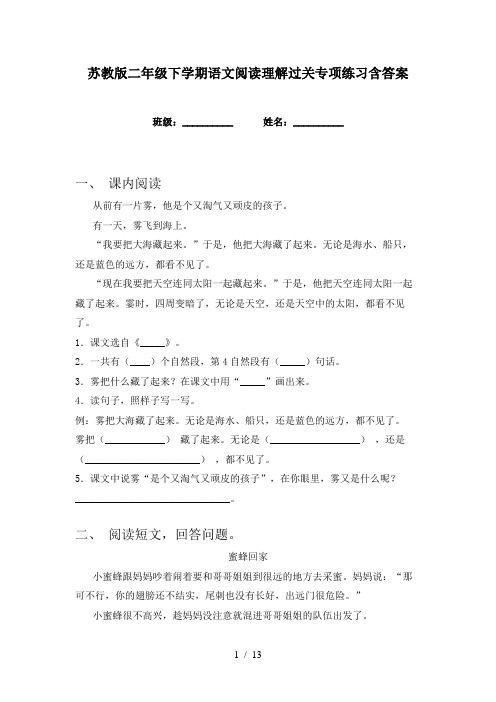 苏教版二年级下学期语文阅读理解过关专项练习含答案