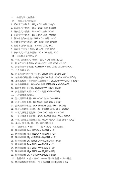 初中化学必背的100个方程式