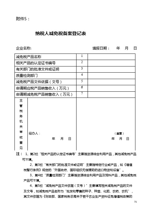 纳税人减免税备案登记表