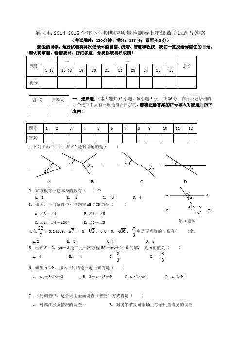 【新人教版】人教版广西灌阳县2014-2015学年七年级下期末考试数学试题及答案