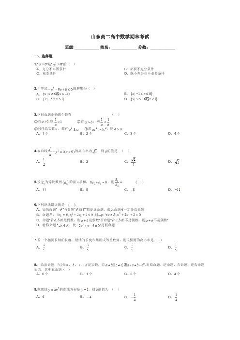 山东高二高中数学期末考试带答案解析
