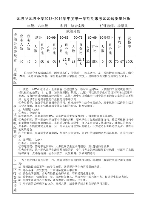 2013-2014学年度第一学期-综合实践-期末考试试题质量分析