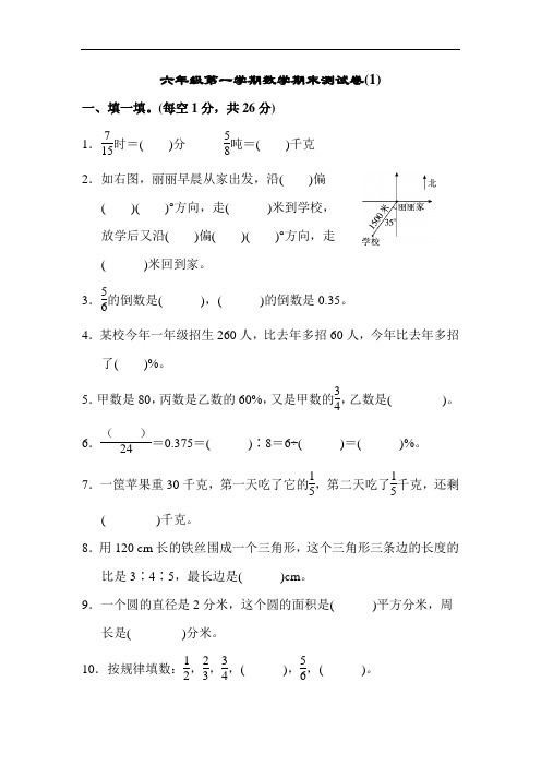 六年级第一学期数学期末测试卷(带答案,可打印)