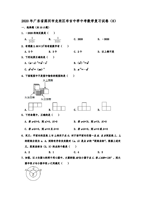 广东省深圳市龙岗区布吉中学2020年中考数学复习试卷(8)解析版