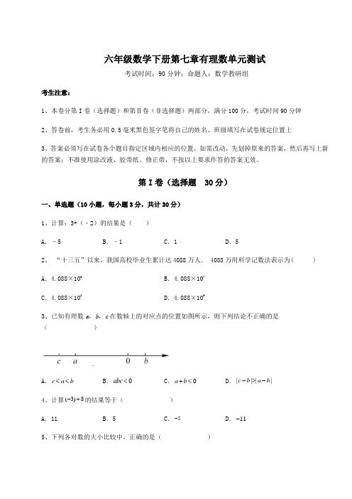 难点详解人教版(五四制)六年级数学下册第七章有理数单元测试试题(含解析)