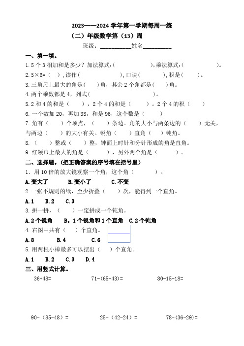 人教版二年级上册数学第13周 每周一练