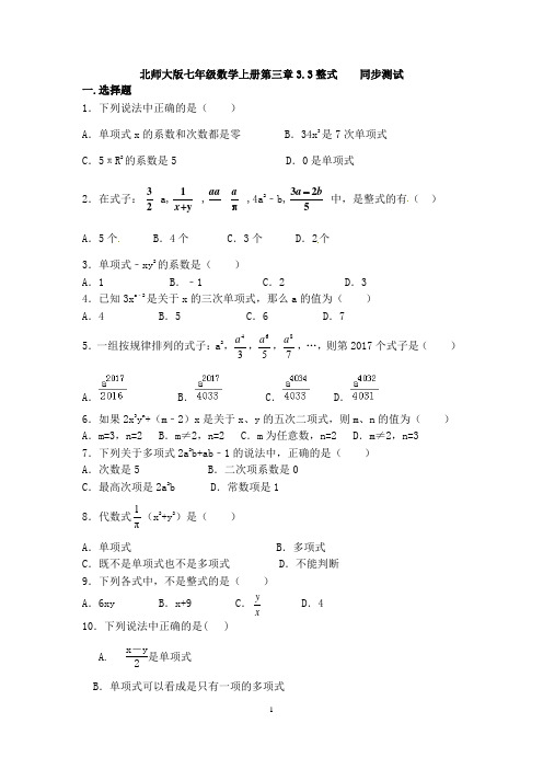 北师大版七年级数学上册第三章3.3整式   同步测试