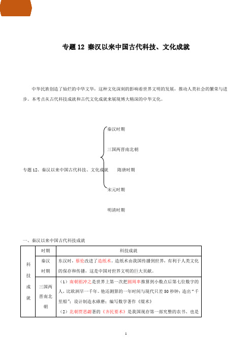 专题12 秦汉以来中国古代科技、文化成就-2020年中考历史与社会巅峰突破专题汇编(解析版)