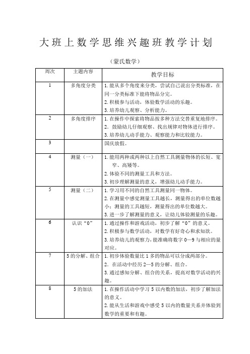 蒙氏数学大班上学期数学思维兴趣班教学计划