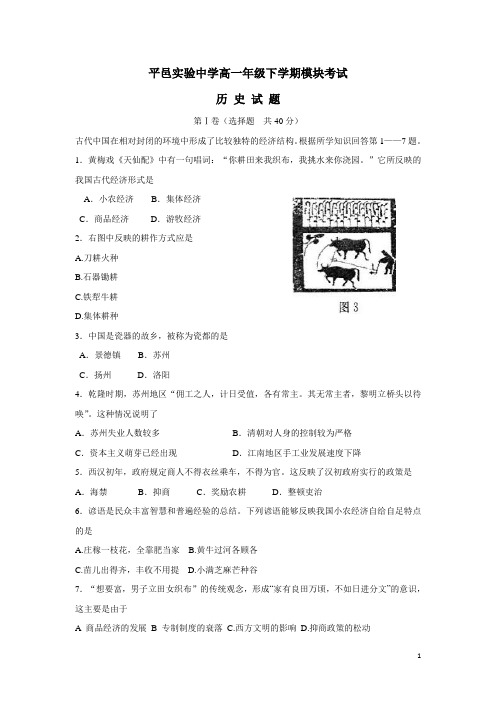 山东省临沂市平邑实验中学试题高一下学期期中考试题高一历史试题(无答案)