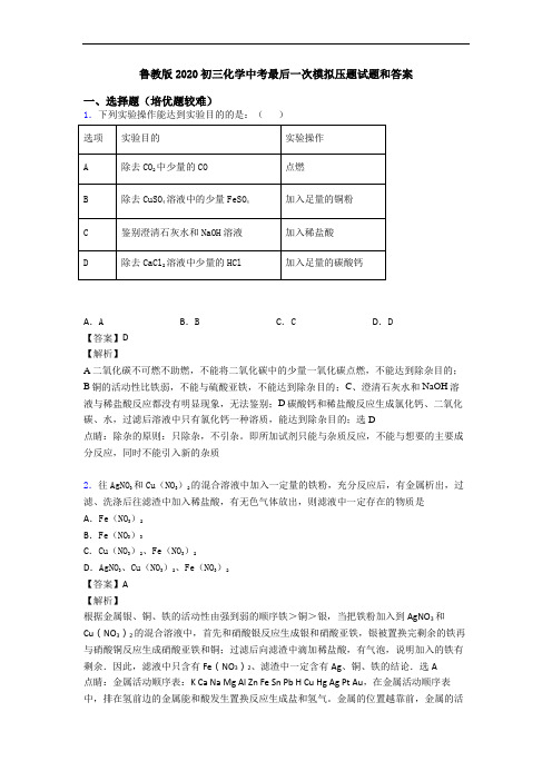 鲁教版2020初三化学中考最后一次模拟压题试题和答案