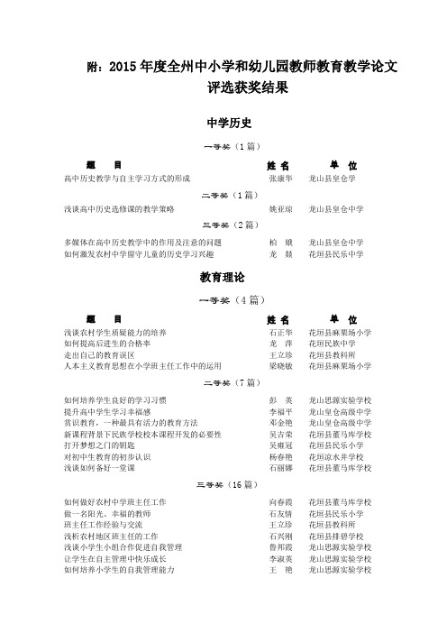 附2015年度全州中小学和幼儿园教师教育教学论文