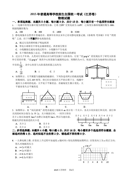 2015高考物理试题江苏卷精校图片重绘含答案解析word版