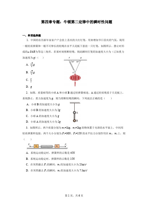 第四章专题：牛顿第二定律中的瞬时性问题   高一上期物理人教版(2019)必修第一册