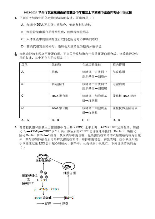 2023-2024学年江苏省常州市前黄高级中学高三上学期期中适应性考试生物试题