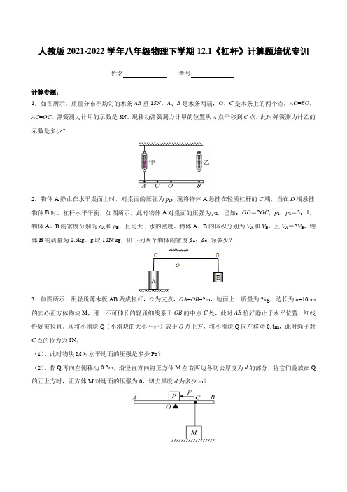 人教版2021-2022学年八年级物理下学期《杠杆》计算题培优专训(附答案)