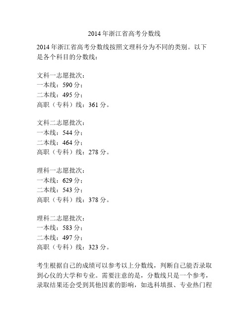 2014年浙江省高考分数线