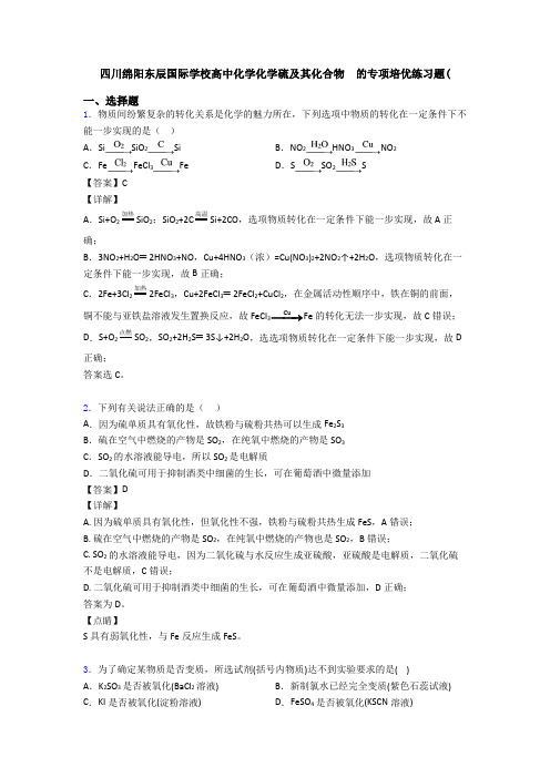 四川绵阳东辰国际学校高中化学化学硫及其化合物  的专项培优练习题(