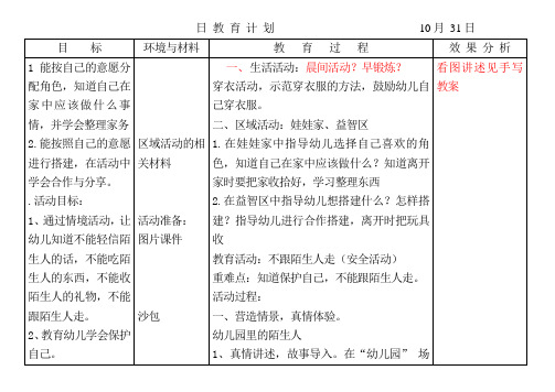 小班第10周日教育计划