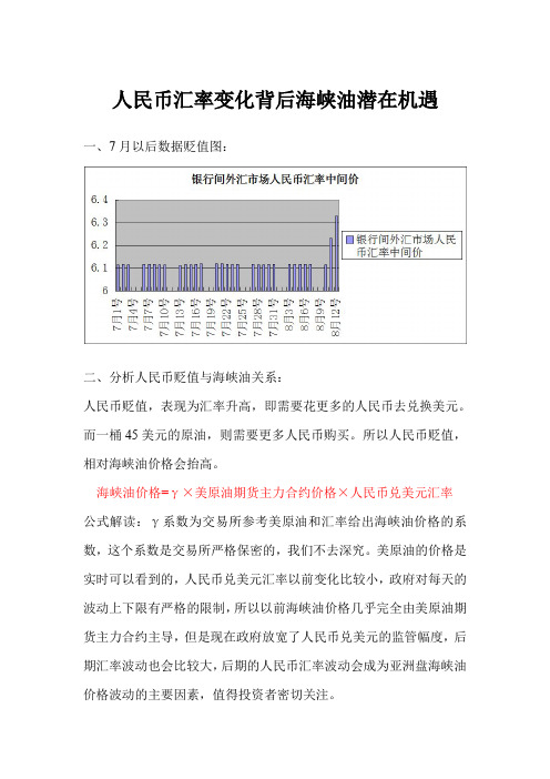 人民币汇率变化背后海峡油增加交易机会