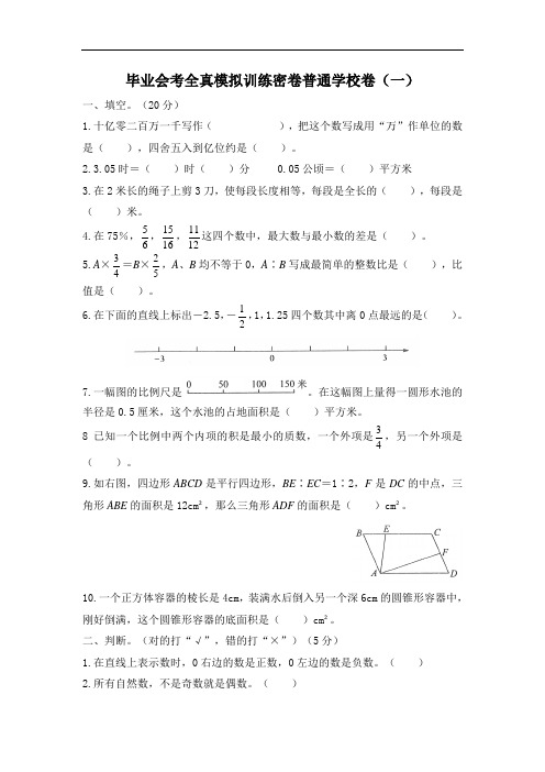 人教版数学六年级下学期毕业会考全真模拟训练密卷普通学校卷(一)