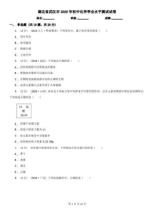 湖北省武汉市2020年初中化学学业水平测试试卷