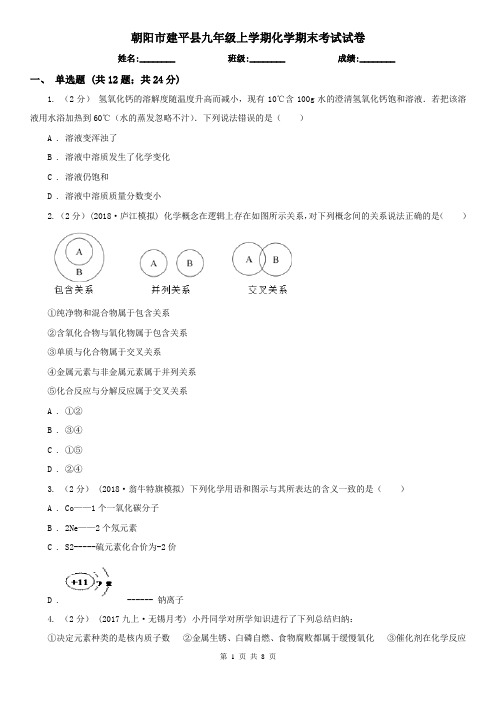 朝阳市建平县九年级上学期化学期末考试试卷