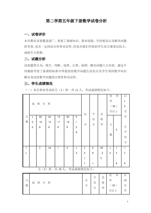 五年级第二学期下册数学试卷分析