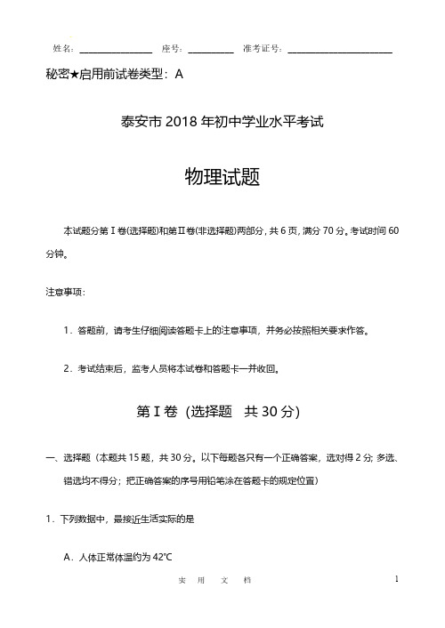 2018年山东泰安中考物理试题及其答案