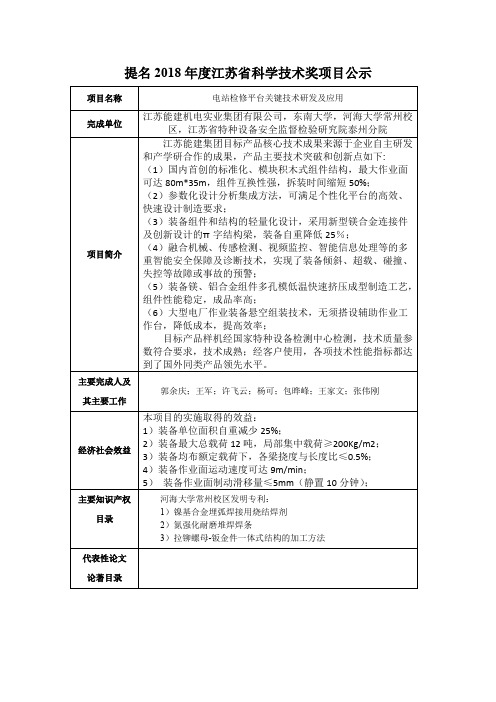 提名2018年度江苏省科学技术奖项目公示