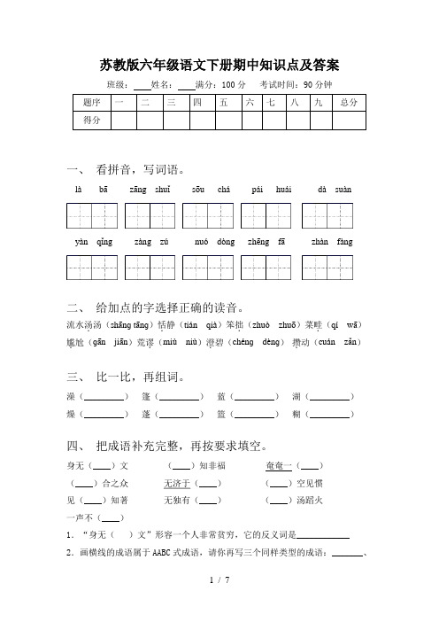 苏教版六年级语文下册期中知识点及答案