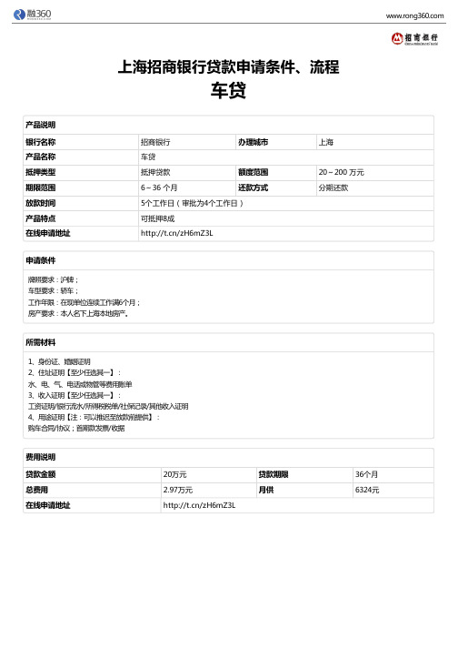 《车贷》上海招商银行-房屋抵押贷款-申请条件、材料、流程、利率