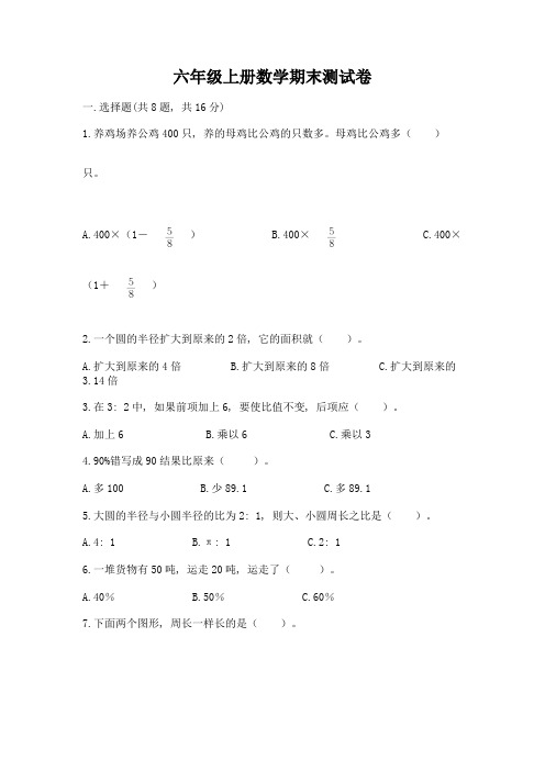 六年级上册数学期末测试卷附完整答案(历年真题)