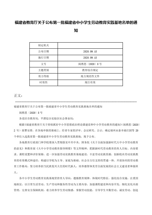 福建省教育厅关于公布第一批福建省中小学生劳动教育实践基地名单的通知-闽教思〔2020〕8号