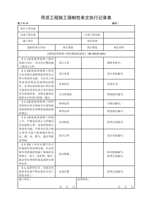 吊顶工程施工强制性条文执行记录表