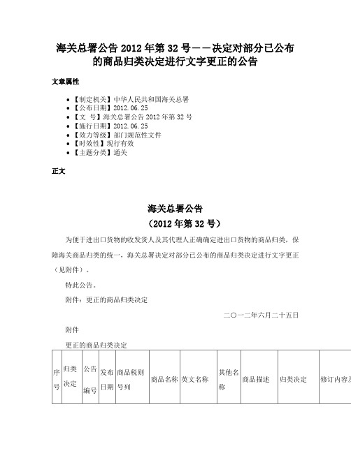 海关总署公告2012年第32号――决定对部分已公布的商品归类决定进行文字更正的公告