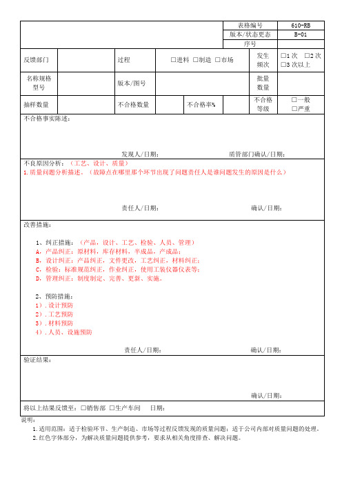 质量问题反馈单