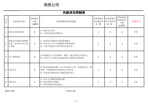 风险项目控制表