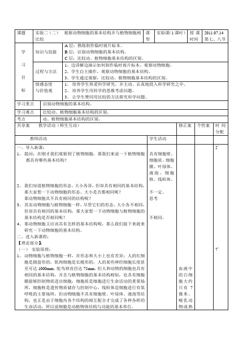 实验二(二)  动物细胞基本结构的观察并与植物细胞比较