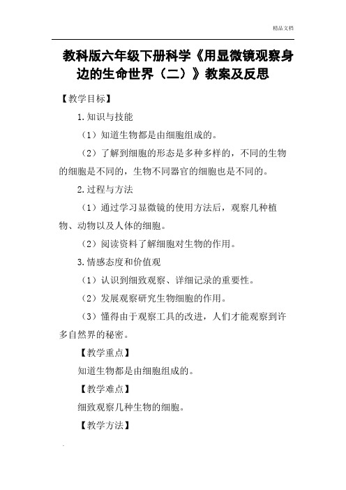 教科版六年级下册科学《用显微镜观察身边的生命世界二》教案及反思