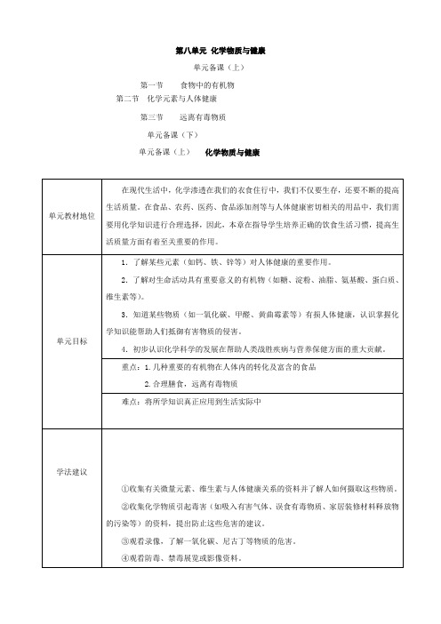 化学：第八单元《化学物质与健康》全章教案(鲁教版九年级)