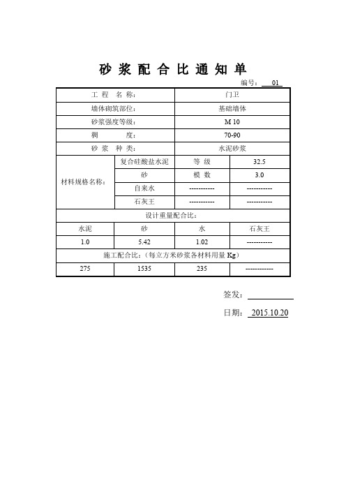 砂浆配合比通知单(M7.5)