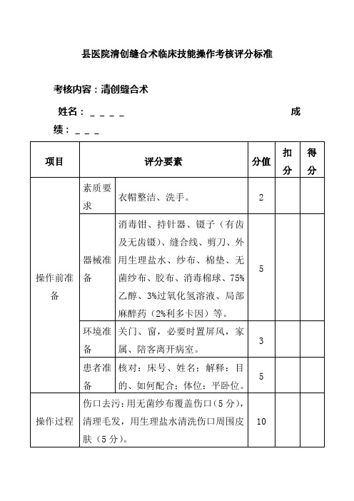 县医院清创缝合术临床技能操作考核评分标准