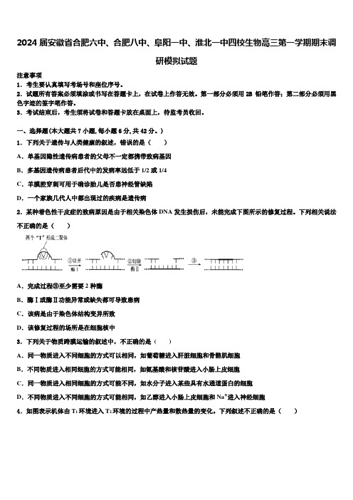 2024届安徽省合肥六中、合肥八中、阜阳一中、淮北一中四校生物高三第一学期期末调研模拟试题含解析