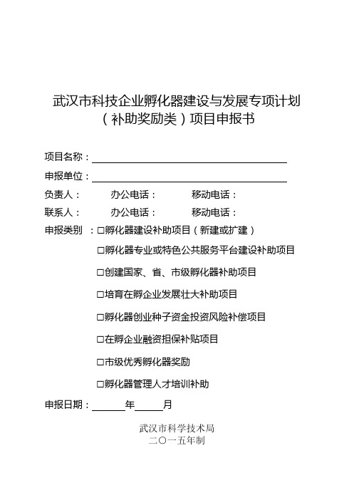 2015年武汉市科技企业孵化器建设与发展专项计划(补助奖励类)项目申报书