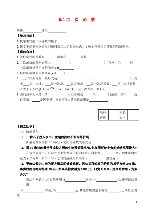 九年级数学下册 第六章 二次函数导学案(无答案)