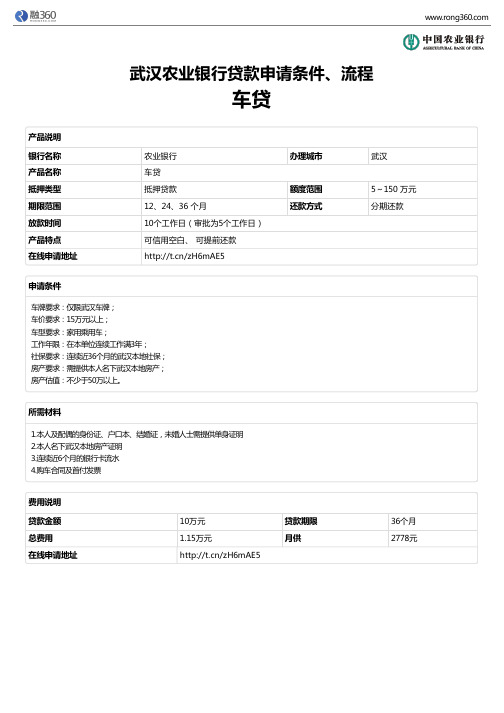 《车贷》武汉农业银行-房屋抵押贷款-申请条件、材料、流程、利率