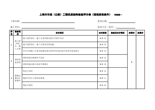 上海市市政(公路)工程优质结构检查评分表(现场质保条件)市政表一