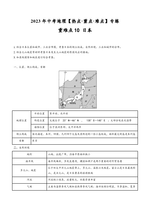 中考地理【热点·重点·难点】专练重难点10日本(原卷版+解析)